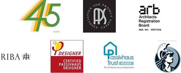 45 years, APS - Association for Project Safety, ARB - Architects Registration Board - reg no: 089720E, RIBA, Certified Passivhaus Designer, Passivhaus Trust Member, Chartered Society of Designers