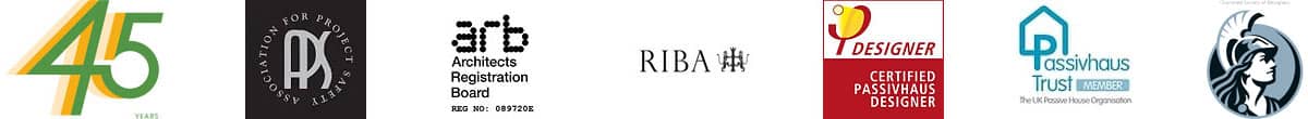 45 years, APS - Association for Project Safety, ARB - Architects Registration Board - reg no: 089720E, RIBA, Certified Passivhaus Designer, Passivhaus Trust Member, Chartered Society of Designers